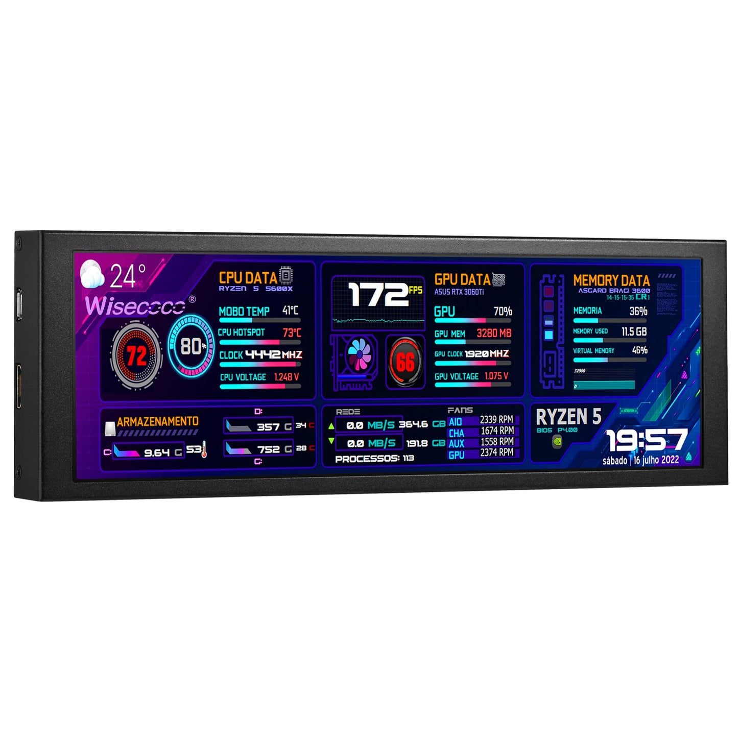 wisecoco 7.84 Inch Mini Monitor HD IPS 1280x400 Secondary Screen Stretched Bar LCD Display with Casing for Laptop Computer Speed Temperature Windows Aida64 CPU GPU Monitoring
